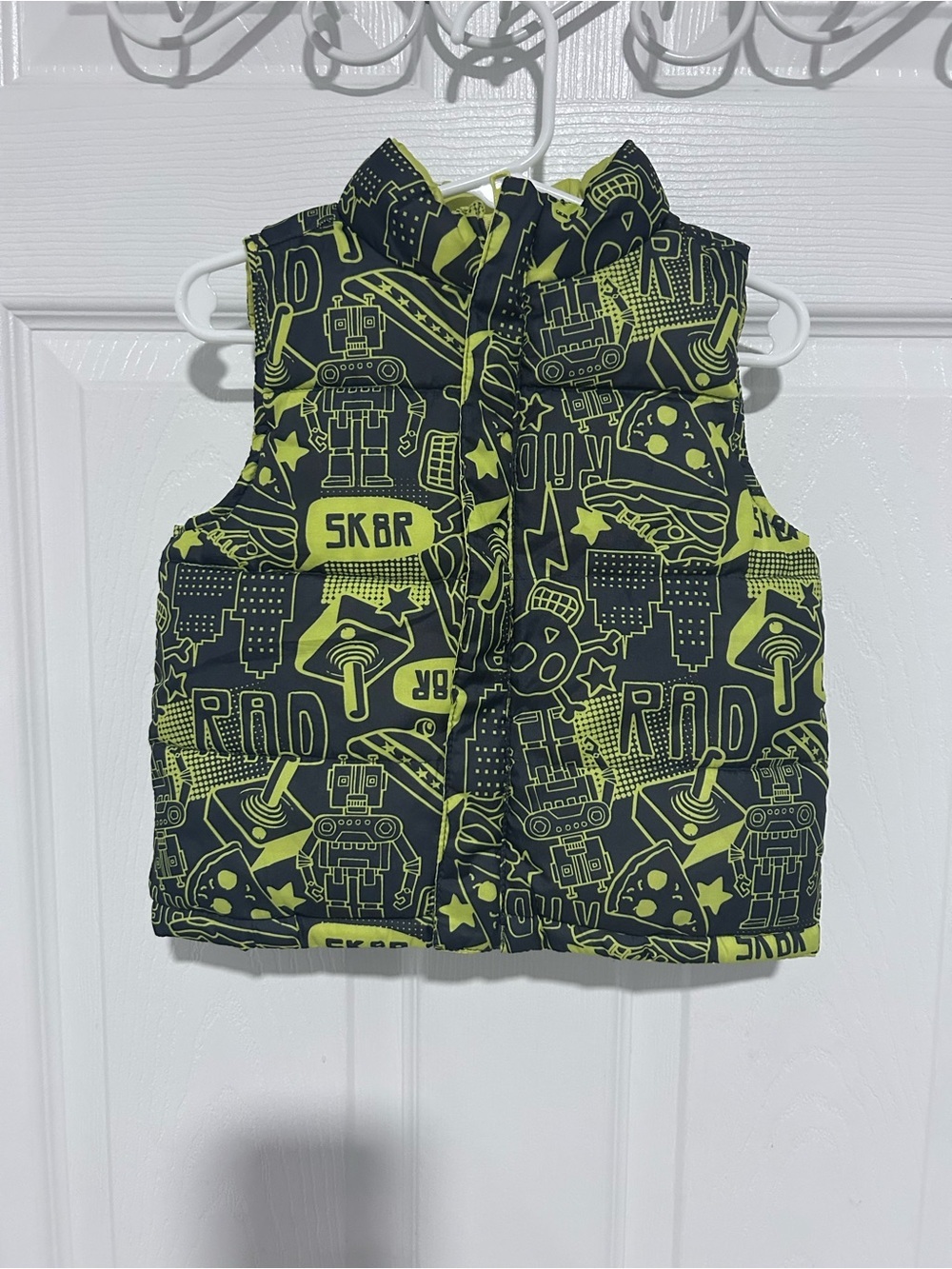Neon Green Robot Print Kids Puffer Vest - Toddlers. Size 3/4T